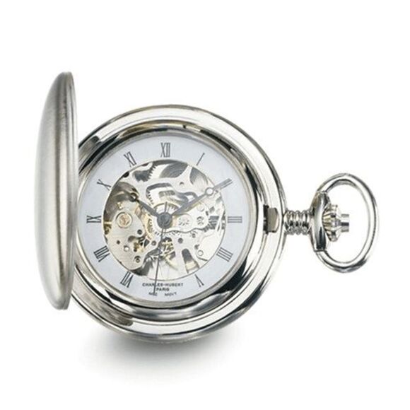 New Charles Hubert Chrome-finish White Skeleton Dial Pocket Watch - Picture 1 of 9
